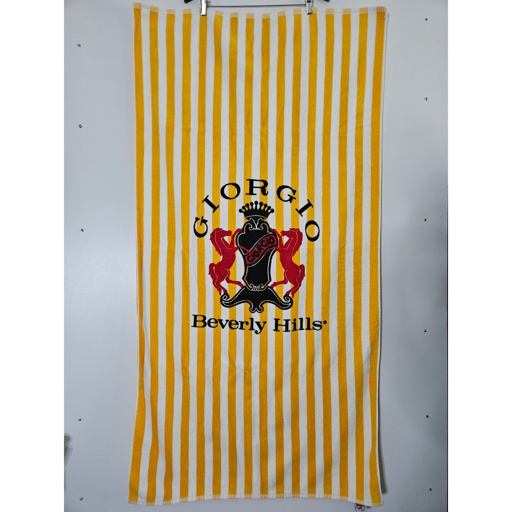 Giorgio Beverly Hills Beach Towel Yellow White Striped 100% Cotton NWOT Vintage